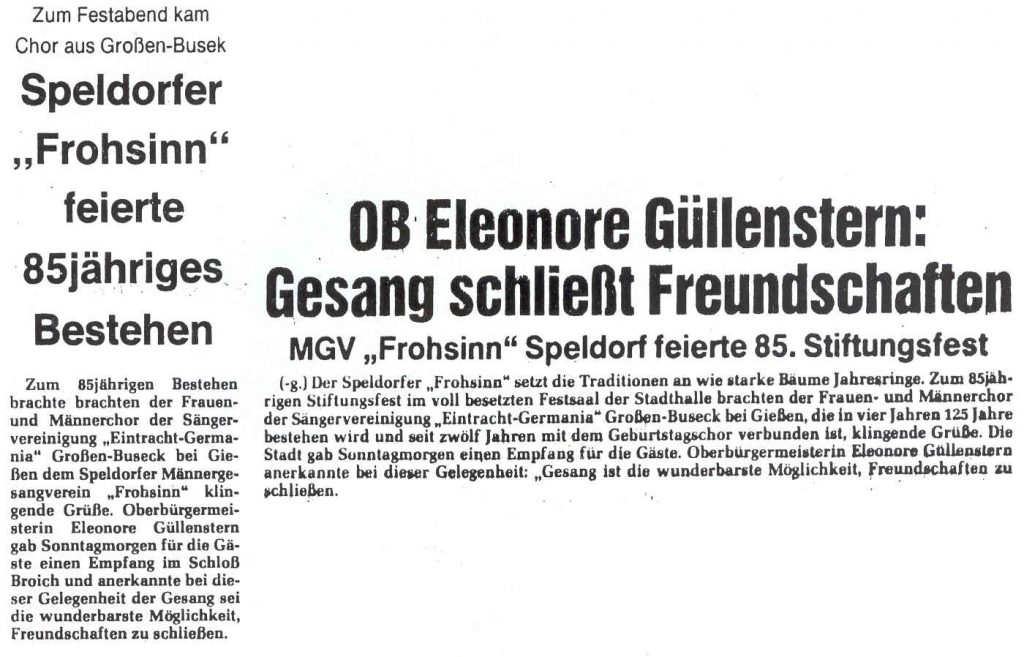 Pressebericht des Empfangs der Sängervereinigung „Eintracht-Germania“ Großen Buseck im Schloss Broich durch die Oberbürgermeisterin der Stadt Mühlheim a. d. Ruhr Eleonore Güllenstern am 29. April 1984