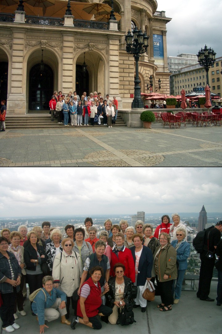 Der Frauenchor vor der Alten Oper (Bild oben) und auf dem Maintower (Bild unten) 