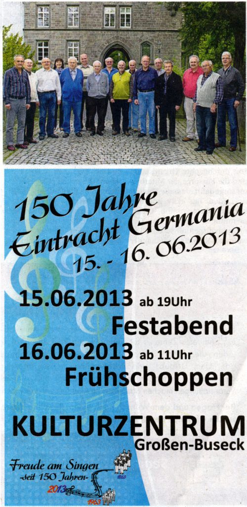 Chorleiterin Renate Schygulla (Vierte von links) inmitten der Sänger vor dem Busecker Schloss. Foto: Sängervereinigung Eintracht-Germania